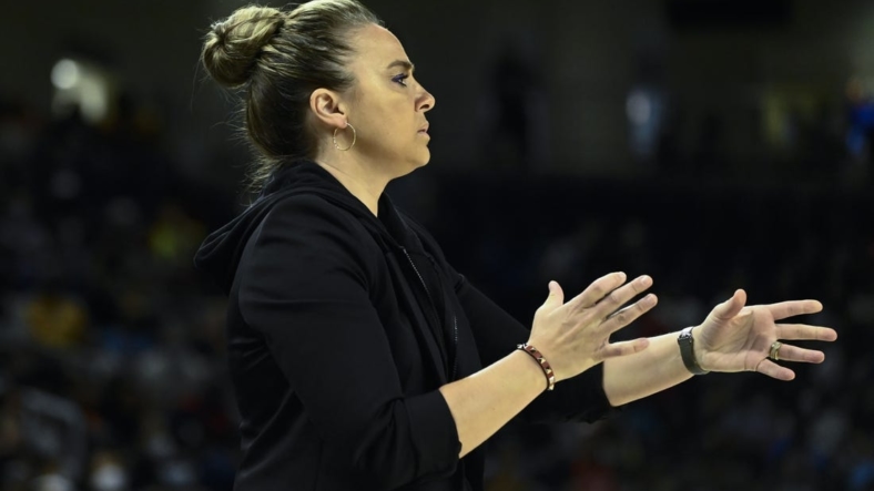 Jul 26, 2022; Chicago, IL, USA;  Las Vegas Aces head coach Becky Hammon directs the team during the first half of the Commissioners Cup-Championships against the Chicago Sky at Wintrust Arena. Mandatory Credit: Matt Marton-USA TODAY Sports