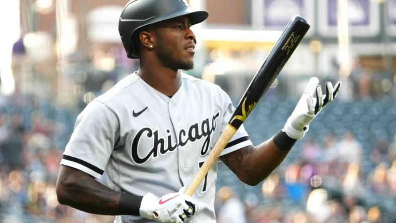 Jul 26, 2022; Denver, Colorado, USA; Chicago White Sox shortstop Tim Anderson (7) during the first inning against the against the Colorado Rockies at Coors Field. Mandatory Credit: Ron Chenoy-USA TODAY Sports