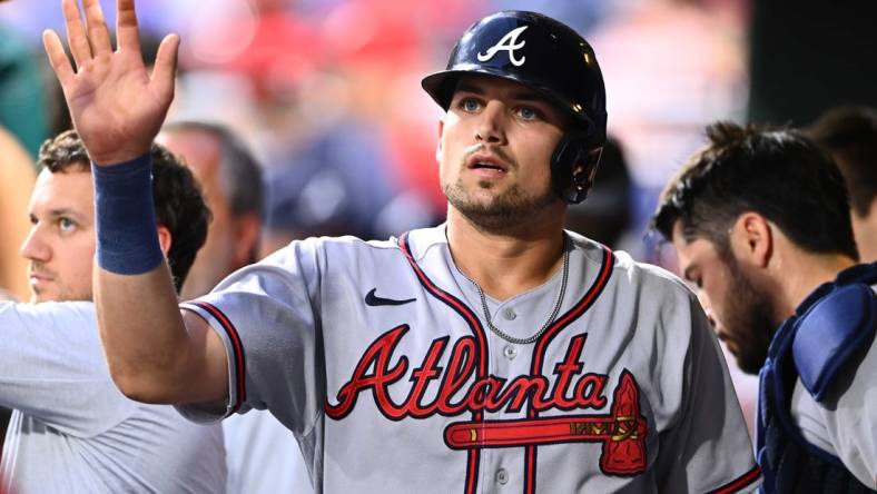 Jul 26, 2022; Philadelphia, Pennsylvania, USA; Atlanta Braves third baseman Austin Riley (27) celebrates after scoring against the Philadelphia Phillies in the fourth inning at Citizens Bank Park. Mandatory Credit: Kyle Ross-USA TODAY Sports