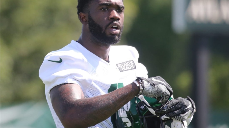 Wide receiver Denzel Mims during the opening day of the 2022 New York Jets Training Camp in Florham Park, NJ on July 27, 2022.Opening Of The 2022 New York Jets Training Camp In Florham Park Nj On July 27 2022