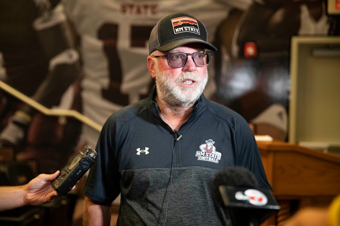 NMSU head coach Jerry Kill speaks to media outlets during New Mexico State football media day on Wednesday, July 27, 2022.

Nmsu Football Media Day