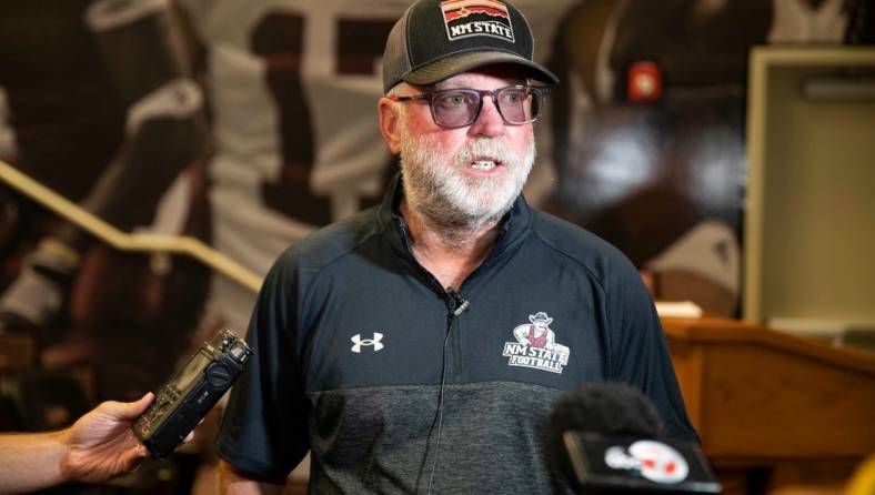 NMSU head coach Jerry Kill speaks to media outlets during New Mexico State football media day on Wednesday, July 27, 2022.

Nmsu Football Media Day