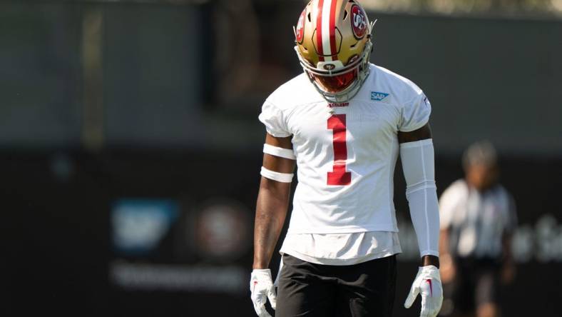 Jul 27, 2022; Santa Clara, CA, USA; San Francisco 49ers free safety Jimmie Ward (1) during Training Camp at the SAP Performance Facility near Levi Stadium. Mandatory Credit: Stan Szeto-USA TODAY Sports