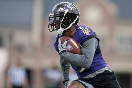 Jul 27, 2022; Owings Mills, MD, USA; Baltimore Ravens wide receiver James Proche (3) runs with the ball during day one of training camp at Under Armour Performance Center. Mandatory Credit: Jessica Rapfogel-USA TODAY Sports