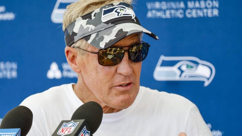 Jul 27, 2022; Renton, WA, USA; Seattle Seahawks head coach Pete Carroll answers questions during a press conference following training camp practice at Virginia Mason Athletic Center. Mandatory Credit: Joe Nicholson-USA TODAY Sports