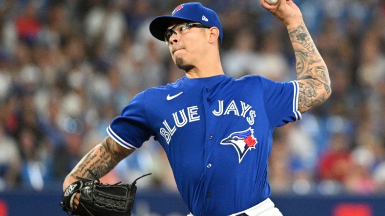 Jul 27, 2022; Toronto, Ontario, CAN;  Toronto Blue Jays relief pitcher Anthony Banda (43) delivers a pitch against the St. Louis Cardinals in the eighth inning at Rogers Centre. Mandatory Credit: Dan Hamilton-USA TODAY Sports