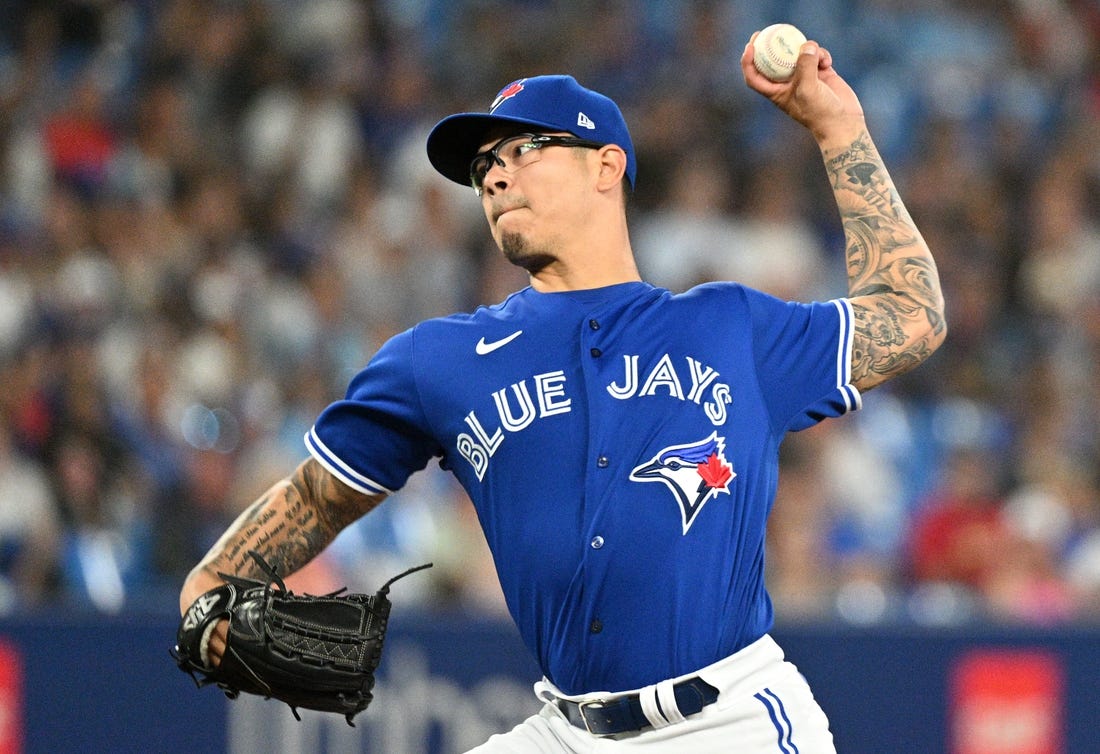 Jul 27, 2022; Toronto, Ontario, CAN;  Toronto Blue Jays relief pitcher Anthony Banda (43) delivers a pitch against the St. Louis Cardinals in the eighth inning at Rogers Centre. Mandatory Credit: Dan Hamilton-USA TODAY Sports