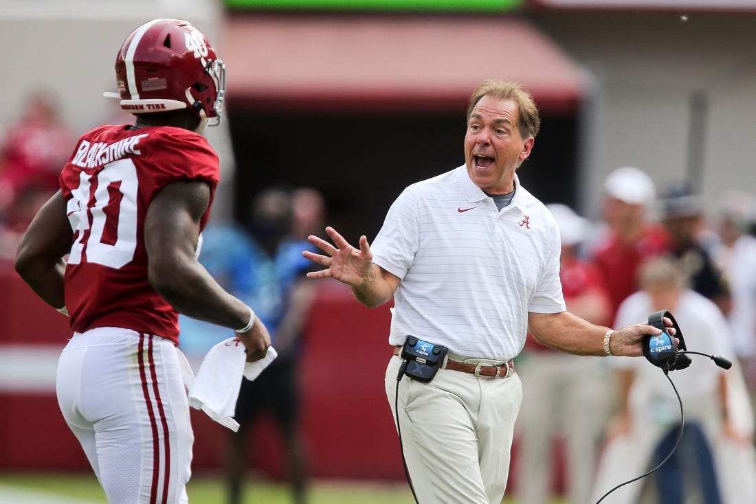 Alabama Head Coach Nick Saban has words for Mercer linebacker Jordan Williams (40) as he leaves the field Saturday, Sept. 11, 2021, in Bryant-Denny Stadium. [Staff Photo/Gary Cosby Jr.]

Alabama Vs Mercer