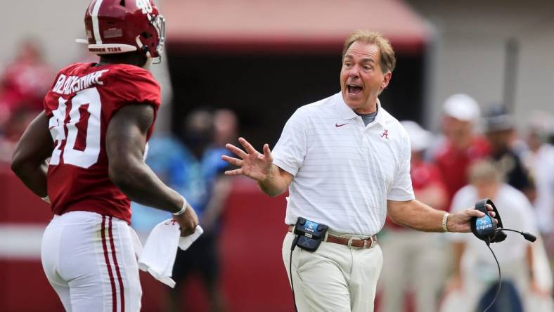 Alabama Head Coach Nick Saban has words for Mercer linebacker Jordan Williams (40) as he leaves the field Saturday, Sept. 11, 2021, in Bryant-Denny Stadium. [Staff Photo/Gary Cosby Jr.]

Alabama Vs Mercer