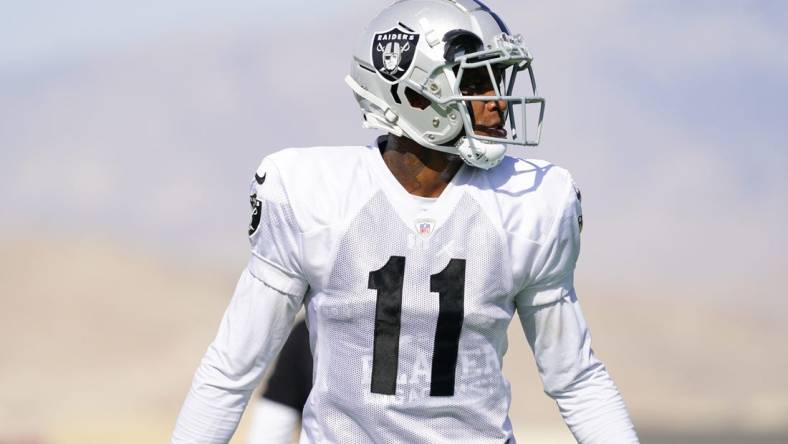 Jul 28, 2022; Las Vegas, Nevada, US; Las Vegas Raiders wide receiver Demarcus Robinson (11) during training camp at Intermountain Healthcare Performance Center.  Mandatory Credit: Lucas Peltier-USA TODAY Sports