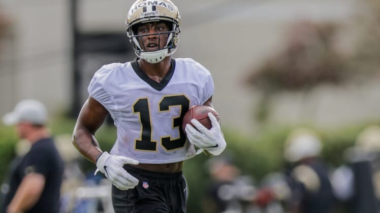 Jul 28, 2022; Metairie, LA, USA;  New Orleans Saints wide receiver Michael Thomas (13) runs during training camp at Ochsner Sports Performance Center. Mandatory Credit: Stephen Lew-USA TODAY Sports