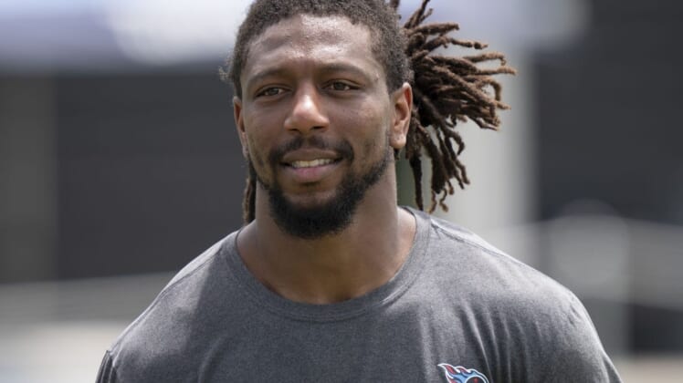 Jul 28, 2022; Nashville, Tennessee, USA;  Tennessee Titans outside linebacker Bud Dupree (48) walks off the field after a training camp practice at Saint Thomas Sports Park.  Mandatory Credit: George Walker IV-USA TODAY Sports