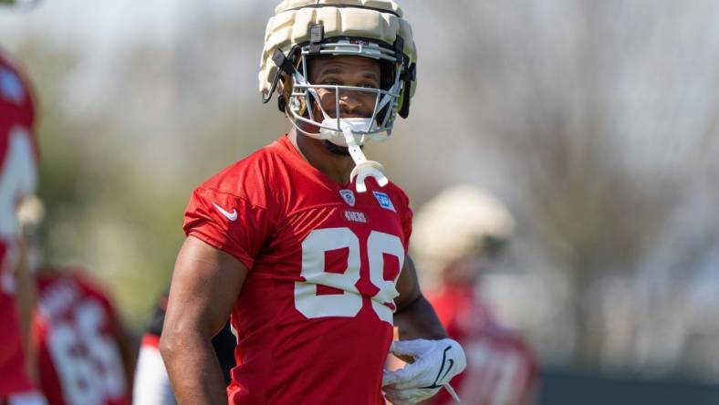 Jul 28, 2022; Santa Clara, CA, USA;  San Francisco 49ers tight end Jordan Matthews (88) during training camp at the SAP Performance Facility near Levi Stadium. Mandatory Credit: Stan Szeto-USA TODAY Sports