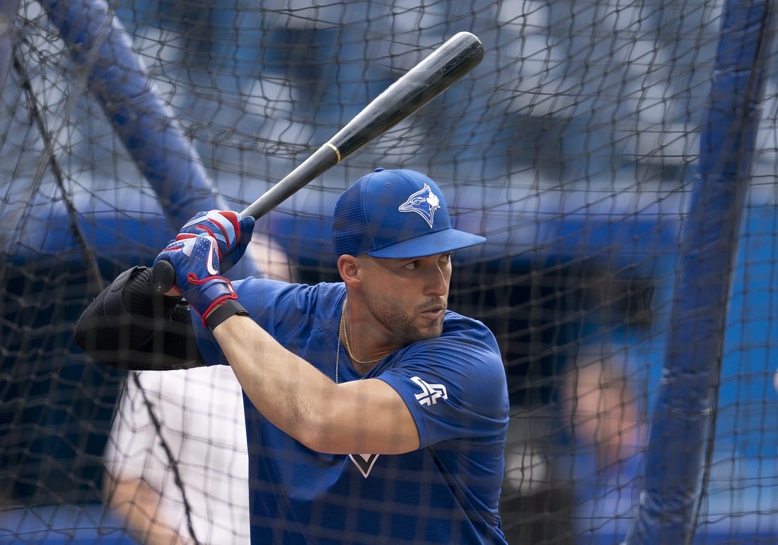 Jul 28, 2022; Toronto, Ontario, CAN; Toronto Blue Jays center fielder George Springer (4) takes batting practice before a game against the Detroit Tigers at Rogers Centre. Mandatory Credit: Nick Turchiaro-USA TODAY Sports