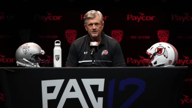 Jul 29, 2022; Los Angeles, CA, USA; Utah Utes coach Kyle Whittingham speaks during Pac-12 Media Day at Novo Theater. Mandatory Credit: Kirby Lee-USA TODAY Sports