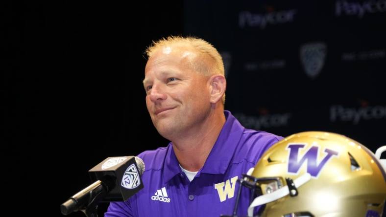 Jul 29, 2022; Los Angeles, CA, USA; Washington Huskies coach Kalen DeBoer speaks during Pac-12 Media Day at Novo Theater. Mandatory Credit: Kirby Lee-USA TODAY Sports