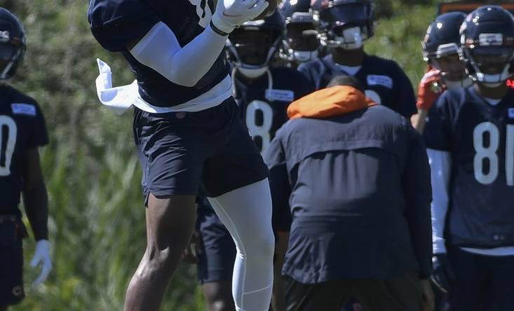 Jul 29, 2022; Lake Forest, IL, USA;  Chicago Bears wide receiver N'Keal Harry (8) catches a pass during training camp at PNC Center at Halas Hall. Mandatory Credit: Matt Marton-USA TODAY Sports