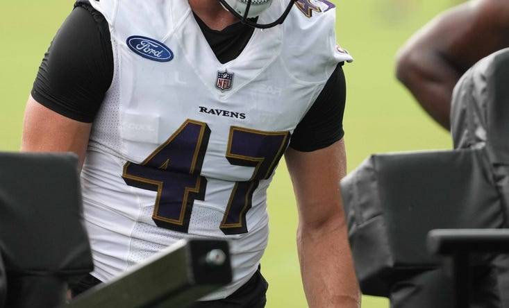 Jul 29, 2022; Owings Mills, MD, USA; Baltimore Ravens linebacker Vince Biegel (47) practices at the Under Armour Performance Center. Mandatory Credit: Mitch Stringer-USA TODAY Sports