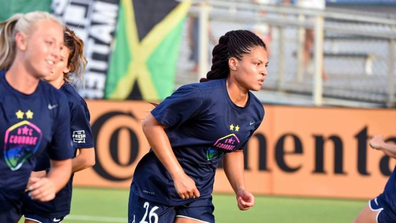 Jul 29, 2022; Cary, North Carolina, USA; North Carolina Courage forward Valerie Gauvin (26) warms up before the game against the Washington Spirit at WakeMed Soccer Park. Mandatory Credit: Rob Kinnan-USA TODAY Sports