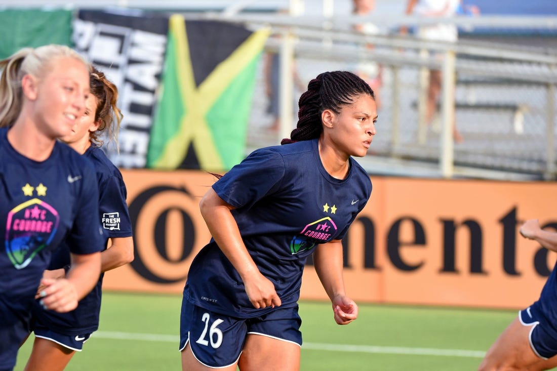 Jul 29, 2022; Cary, North Carolina, USA; North Carolina Courage forward Valerie Gauvin (26) warms up before the game against the Washington Spirit at WakeMed Soccer Park. Mandatory Credit: Rob Kinnan-USA TODAY Sports