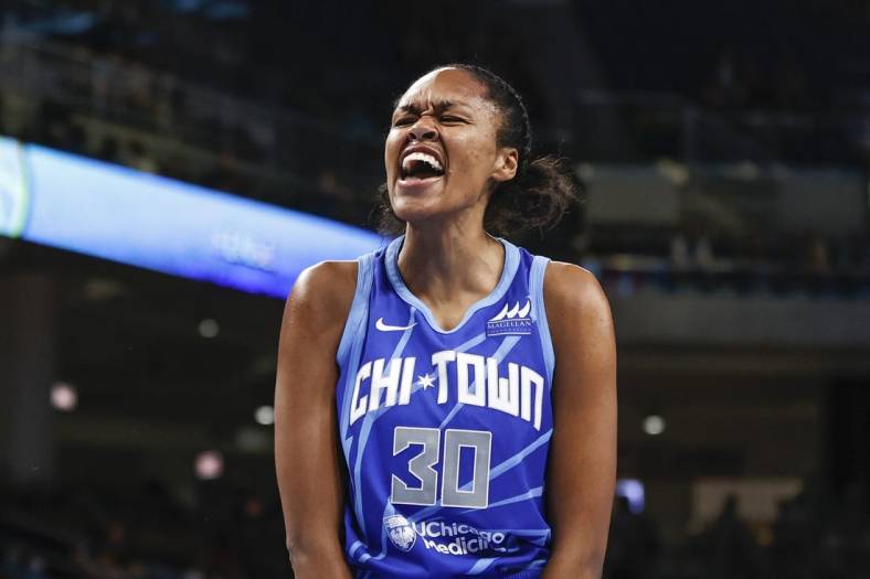 Jul 29, 2022; Chicago, Illinois, USA; Chicago Sky forward Azura Stevens (30) reacts after defensive play against the New York Liberty during the second half of the WNBA game at Wintrust Arena. Mandatory Credit: Kamil Krzaczynski-USA TODAY Sports