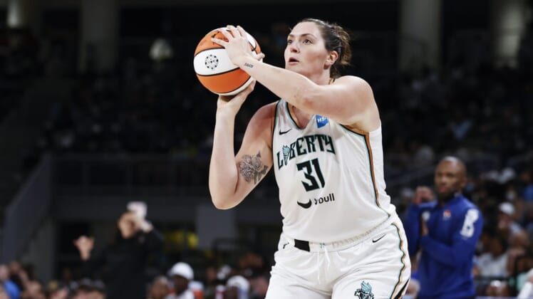 Jul 29, 2022; Chicago, Illinois, USA; New York Liberty center Stefanie Dolson (31) shoots against the Chicago Sky during the second half of the WNBA game at Wintrust Arena. Mandatory Credit: Kamil Krzaczynski-USA TODAY Sports