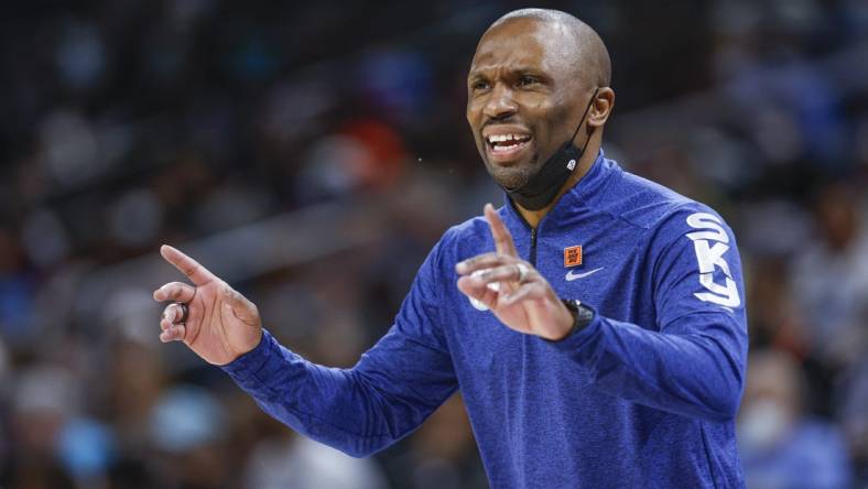 Jul 29, 2022; Chicago, Illinois, USA; Chicago Sky head coach James Wade reacts during the second half of the WNBA game against the New York Liberty at Wintrust Arena. Mandatory Credit: Kamil Krzaczynski-USA TODAY Sports