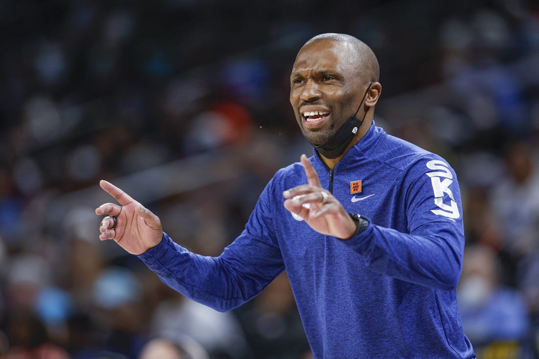 Jul 29, 2022; Chicago, Illinois, USA; Chicago Sky head coach James Wade reacts during the second half of the WNBA game against the New York Liberty at Wintrust Arena. Mandatory Credit: Kamil Krzaczynski-USA TODAY Sports