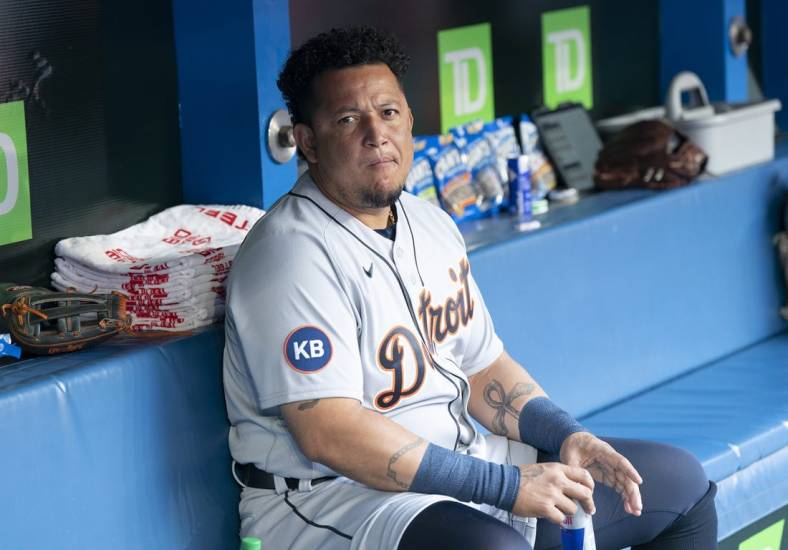 Jul 28, 2022; Toronto, Ontario, CAN; Detroit Tigers designated hitter Miguel Cabrera (24) sits in the dugout during the pregame against the Toronto Blue Jays at Rogers Centre. Mandatory Credit: Nick Turchiaro-USA TODAY Sports