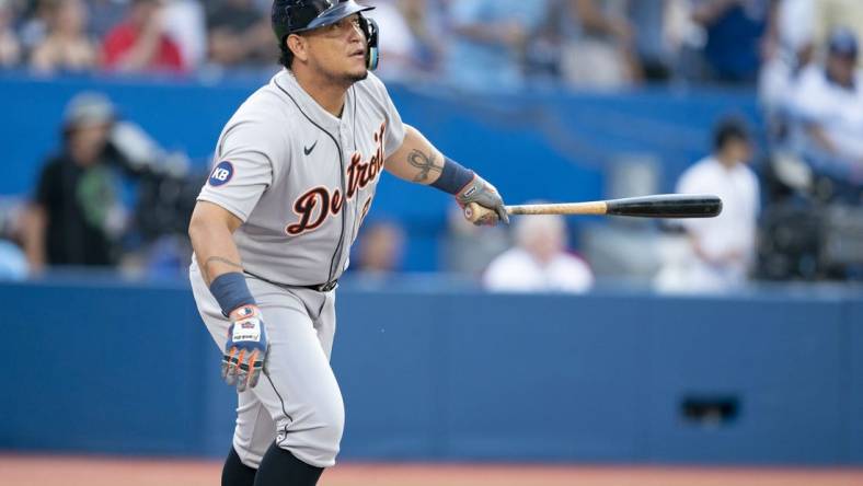 Jul 28, 2022; Toronto, Ontario, CAN; Detroit Tigers designated hitter Miguel Cabrera (24) reacts after hitting a ball against the Toronto Blue Jays during the first inning at Rogers Centre. Mandatory Credit: Nick Turchiaro-USA TODAY Sports