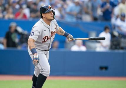Jul 28, 2022; Toronto, Ontario, CAN; Detroit Tigers designated hitter Miguel Cabrera (24) reacts after hitting a ball against the Toronto Blue Jays during the first inning at Rogers Centre. Mandatory Credit: Nick Turchiaro-USA TODAY Sports