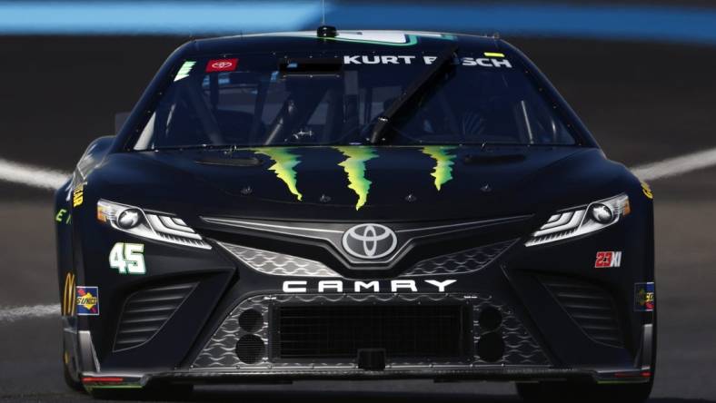 Jul 30, 2022; Speedway, Indiana, USA; NASCAR Cup Series driver Ty Gibbs (45) during practice at Indianapolis Motor Speedway Road Course. Mandatory Credit: Mike Dinovo-USA TODAY Sports