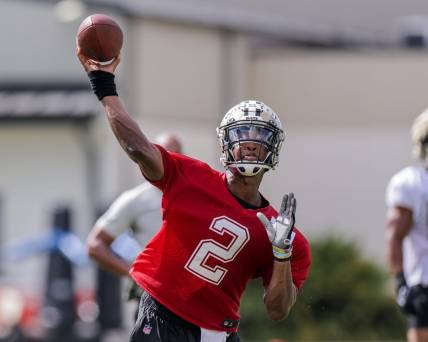 Jul 29, 2022; Metairie, LA, USA; New Orleans Saints quarterback Jameis Winston (2) works during training camp at Ochsner Sports Performance Center. Mandatory Credit: Stephen Lew-USA TODAY Sports