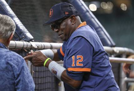 Jul 30, 2022; Houston, Texas, USA; Houston Astros manager Dusty Baker Jr. (12) talks before the game against the Seattle Mariners at Minute Maid Park. Mandatory Credit: Troy Taormina-USA TODAY Sports