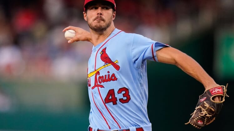 Jul 30, 2022; Washington, District of Columbia, USA;  St. Louis Cardinals starting pitcher Dakota Hudson (43) throws a second inning pitch against the Washington Nationals at Nationals Park. Mandatory Credit: Tommy Gilligan-USA TODAY Sports