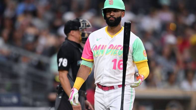 Jul 30, 2022; San Diego, California, USA; San Diego Padres right fielder Nomar Mazara (16) flips his bat after striking out during the eighth inning against the Minnesota Twins at Petco Park. Mandatory Credit: Orlando Ramirez-USA TODAY Sports