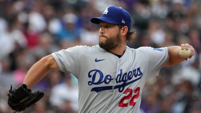 Jul 30, 2022; Denver, Colorado, USA; Los Angeles Dodgers starting pitcher Clayton Kershaw (22) delivers against the Colorado Rockies the fourth inning at Coors Field. Mandatory Credit: Ron Chenoy-USA TODAY Sports