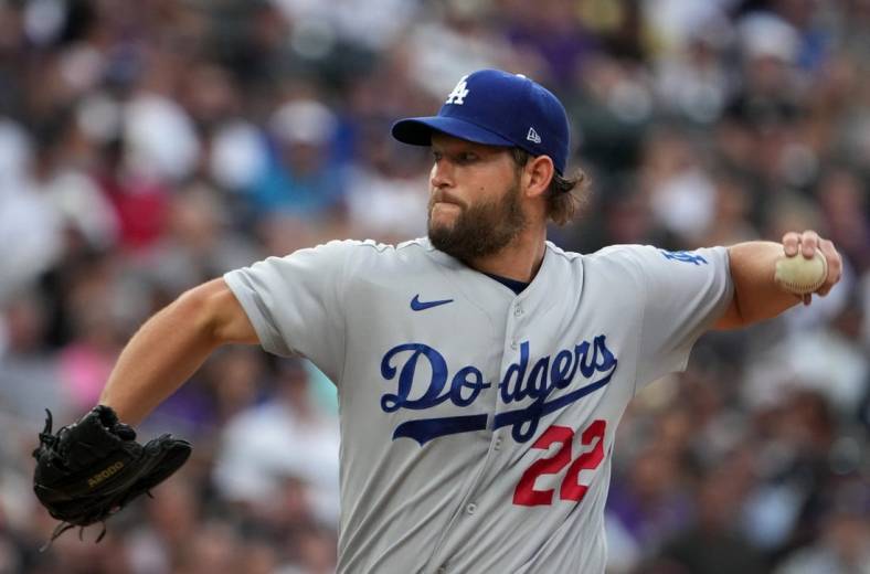 Jul 30, 2022; Denver, Colorado, USA; Los Angeles Dodgers starting pitcher Clayton Kershaw (22) delivers against the Colorado Rockies the fourth inning at Coors Field. Mandatory Credit: Ron Chenoy-USA TODAY Sports