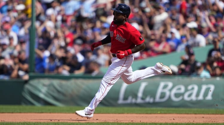 Jul 31, 2022; Boston, Massachusetts, USA; Boston Red Sox right fielder Jackie Bradley Jr. (19) runs out an RBI double against the Milwaukee Brewers during the sixth inning at Fenway Park. Mandatory Credit: Gregory Fisher-USA TODAY Sports