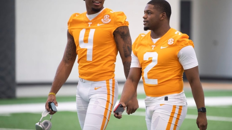 Tennessee wide receiver Cedric Tillman, left, and running back Jabari Small make their appearance at football media day in Knoxville, Tenn. on Sunday, July 31, 2022.Kns Alice Bar