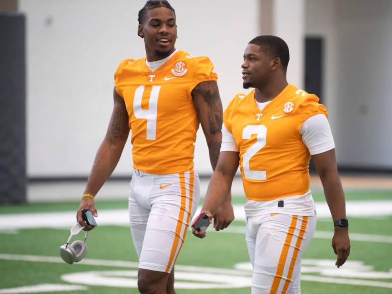 Tennessee wide receiver Cedric Tillman, left, and running back Jabari Small make their appearance at football media day in Knoxville, Tenn. on Sunday, July 31, 2022.

Kns Alice Bar
