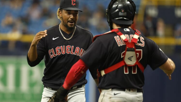 Jul 31, 2022; St. Petersburg, Florida, USA; Cleveland Guardians relief pitcher Emmanuel Clase (48) and catcher Austin Hedges (17) celebrate as they beat the Tampa Bay Rays at Tropicana Field. Mandatory Credit: Kim Klement-USA TODAY Sports