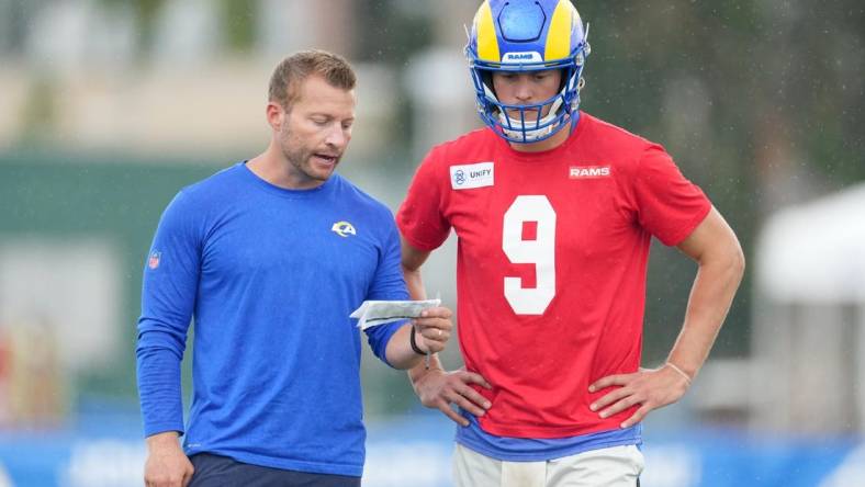 Jul 31, 2022; Irvine, CA, USA; Los Angeles Rams coach Sean McVay (left) and quarterback Matthew Stafford (9) during training camp at UC Irvine. Mandatory Credit: Kirby Lee-USA TODAY Sports