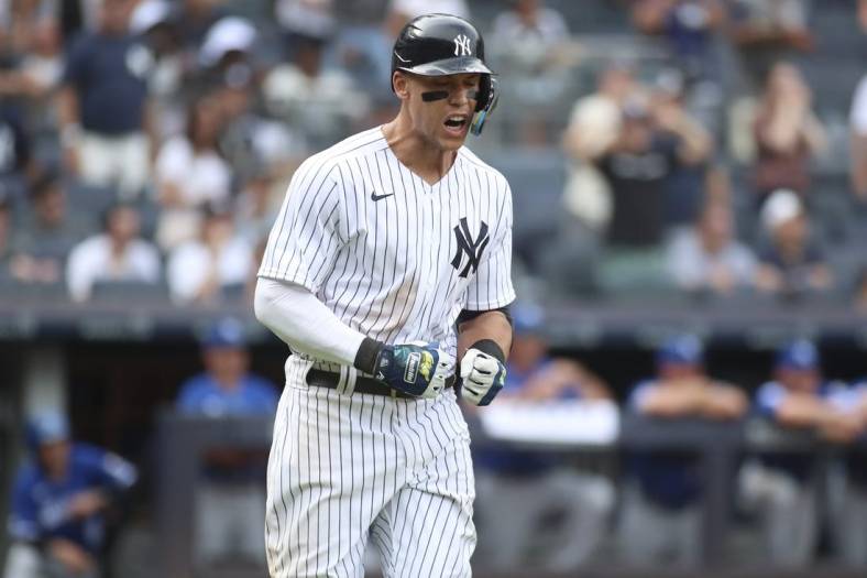 Jul 31, 2022; Bronx, New York, USA;  New York Yankees center fielder Aaron Judge (99) reacts after flying out in the ninth inning against the Kansas City Royals at Yankee Stadium. Mandatory Credit: Wendell Cruz-USA TODAY Sports