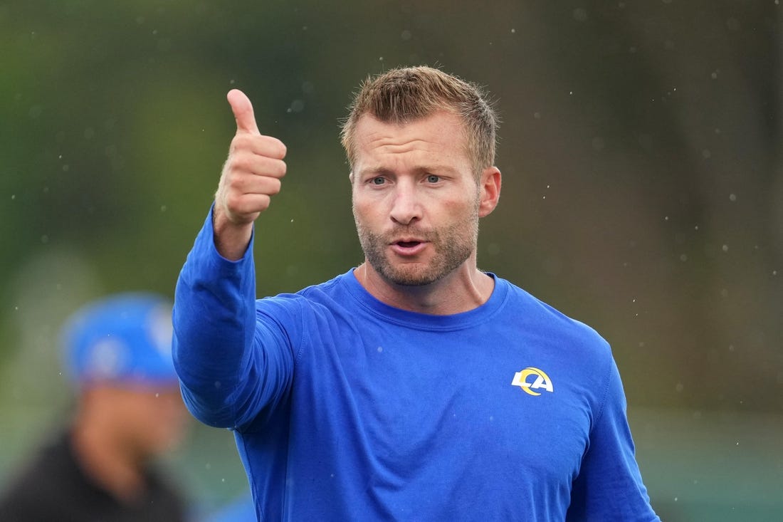 Jul 31, 2022; Irvine, CA, USA; Los Angeles Rams coach Sean McVay during training camp at UC Irvine. Mandatory Credit: Kirby Lee-USA TODAY Sports