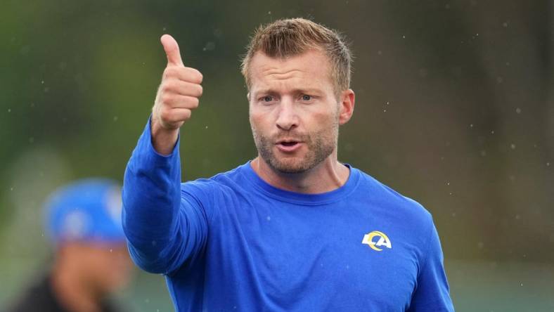 Jul 31, 2022; Irvine, CA, USA; Los Angeles Rams coach Sean McVay during training camp at UC Irvine. Mandatory Credit: Kirby Lee-USA TODAY Sports