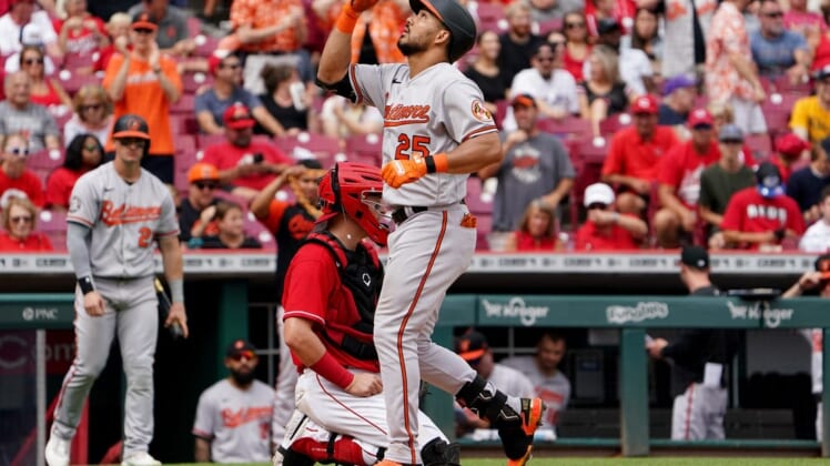 Baltimore Orioles left fielder Anthony Santander (25) celebrates a game-tying home run during the eighth inning of a baseball game against the Cincinnati Reds, Sunday, July 31, 2022, Great American Ball Park in Cincinnati.Baltimore Orioles At Cincinnati Reds July 31 0031