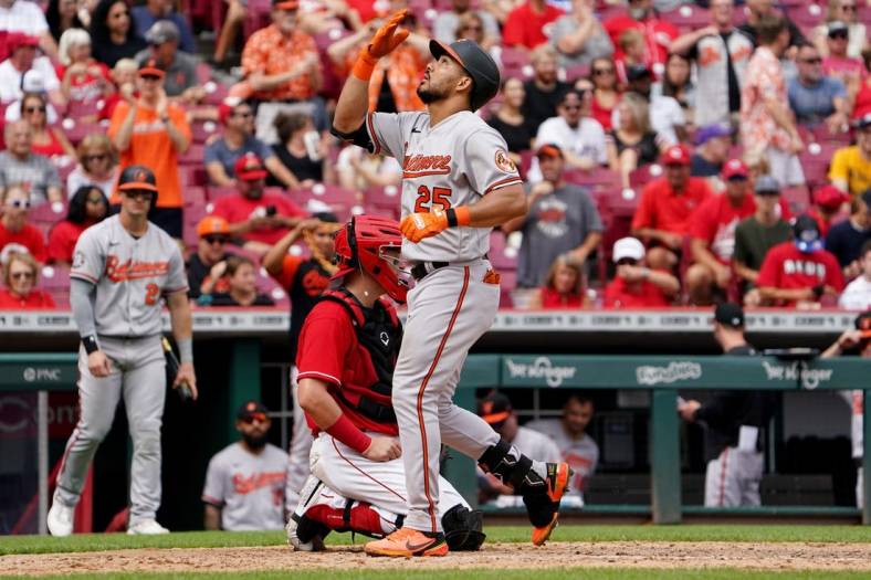 Baltimore Orioles left fielder Anthony Santander (25) celebrates a game-tying home run during the eighth inning of a baseball game against the Cincinnati Reds, Sunday, July 31, 2022, Great American Ball Park in Cincinnati.

Baltimore Orioles At Cincinnati Reds July 31 0031