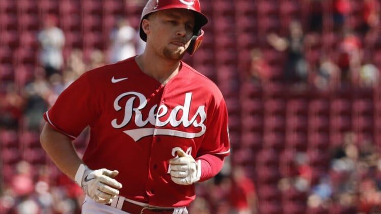 Jul 31, 2022; Cincinnati, Ohio, USA; Cincinnati Reds first baseman Brandon Drury (22) rounds the bases after hitting a home run against the Baltimore Orioles during the eighth inning at Great American Ball Park. Mandatory Credit: David Kohl-USA TODAY Sports