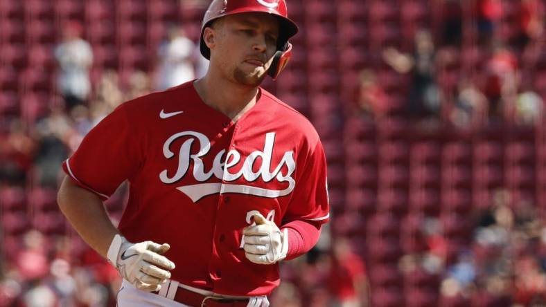 Jul 31, 2022; Cincinnati, Ohio, USA; Cincinnati Reds first baseman Brandon Drury (22) rounds the bases after hitting a home run against the Baltimore Orioles during the eighth inning at Great American Ball Park. Mandatory Credit: David Kohl-USA TODAY Sports